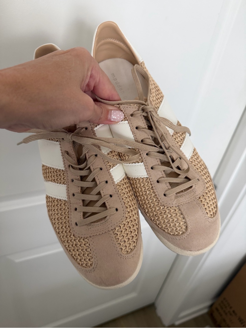 Madden Girl Beige Knit Sneakers with White Stripes